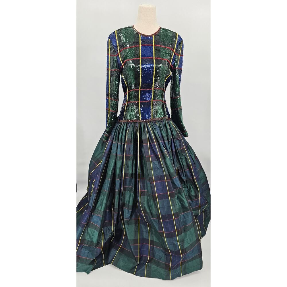 Vintage Escada Couture Women's Size 6 Sequin Tartan Drop Waist Evening Gown